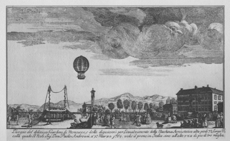 Brugherio, 13 marzo 1784: primo volo in Italia in un disegno dell'epoca