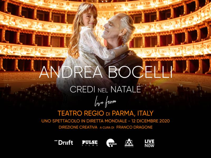 Sabato 12 dicembre Andrea Bocelli protagonista in live streaming globale su LIVENow con “Believe in Christmas”, eseguito dal vivo dal Teatro Regio di Parma