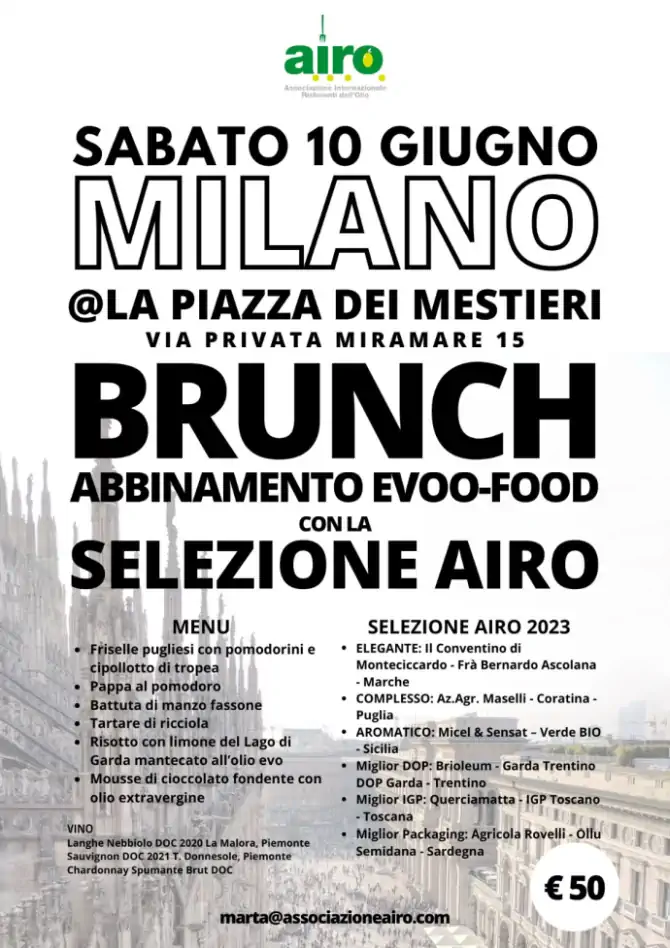 Sabato 10 giugno, eventi a Milano: Presentazione Selezione oli AIRO 2023 e brunch