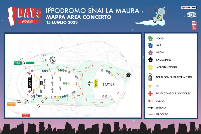 Mappa area concerto Arctic Monkeys con indicazioni sugli ingressi