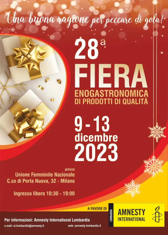 Natale 2023: Fiera Enogastronomica di prodotti di qualità organizzata da Amnesty International Lombardia.