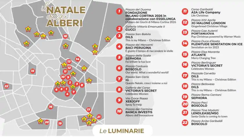 mappa degli alberi di Natale 2023 a Milano, con gli sponsor