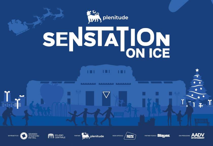 Pista di pattinaggio sul ghiaccio a Milano. Locandina Plenitude Senstation On Ice 2023