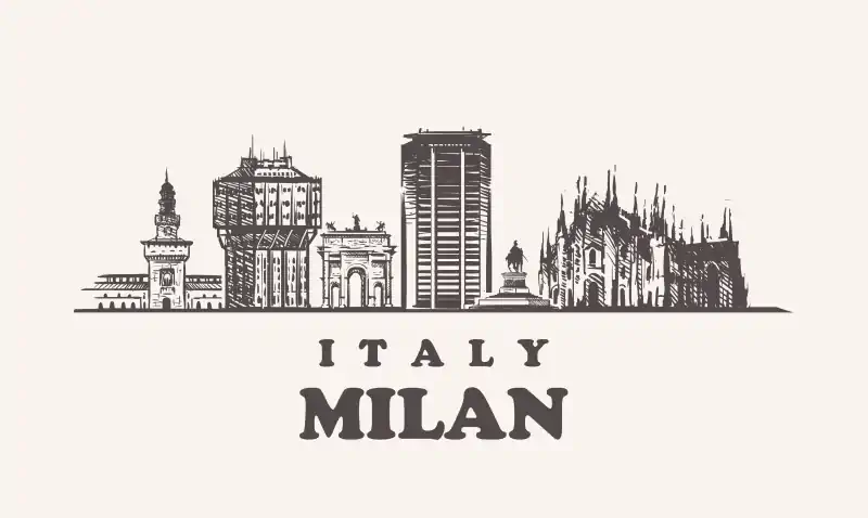 Skyline di Milano, con il Duomo, il Pirellone, Castello Sforzesco e Torre Velasca